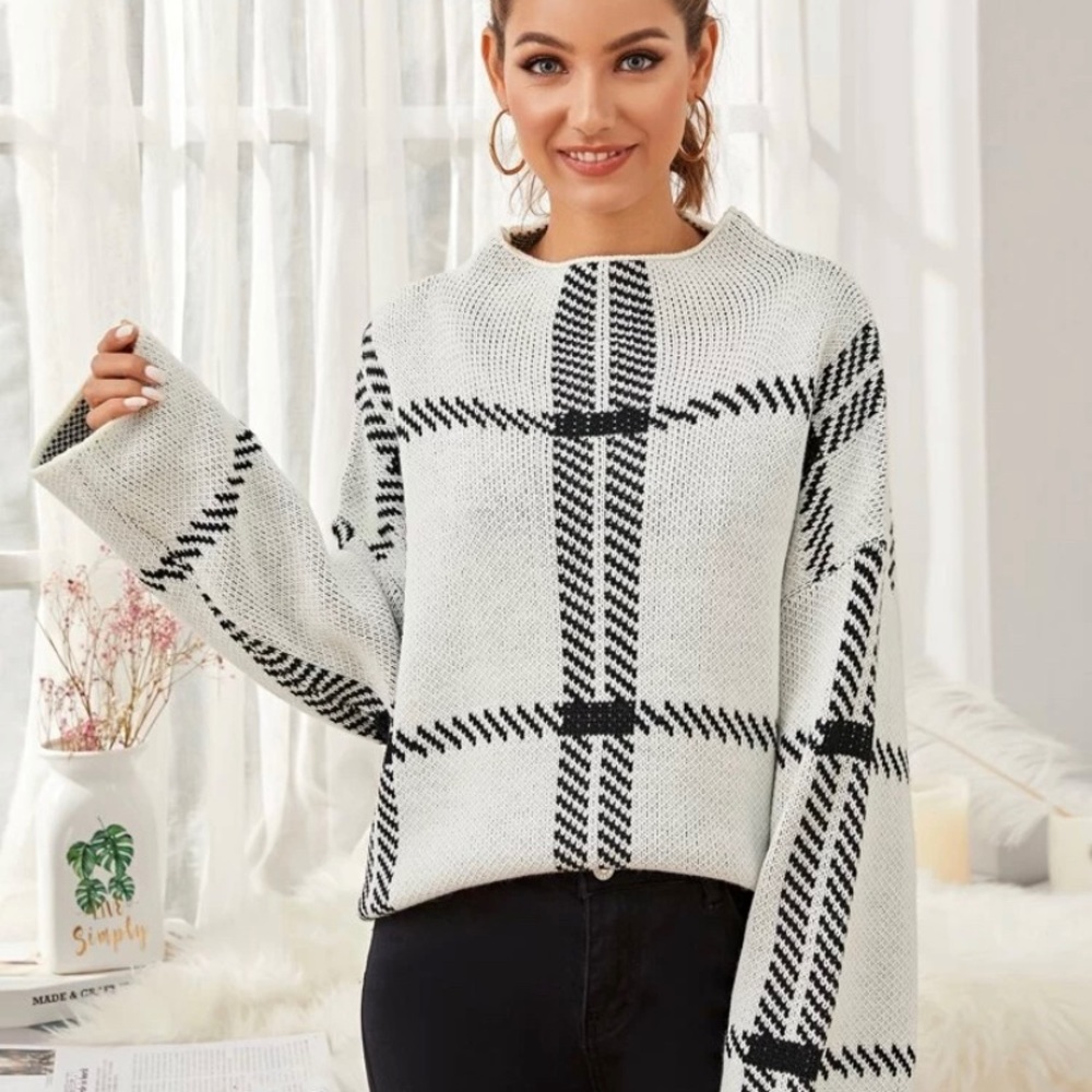 Mock-Neck Drop Shoulder Plaid Sweater